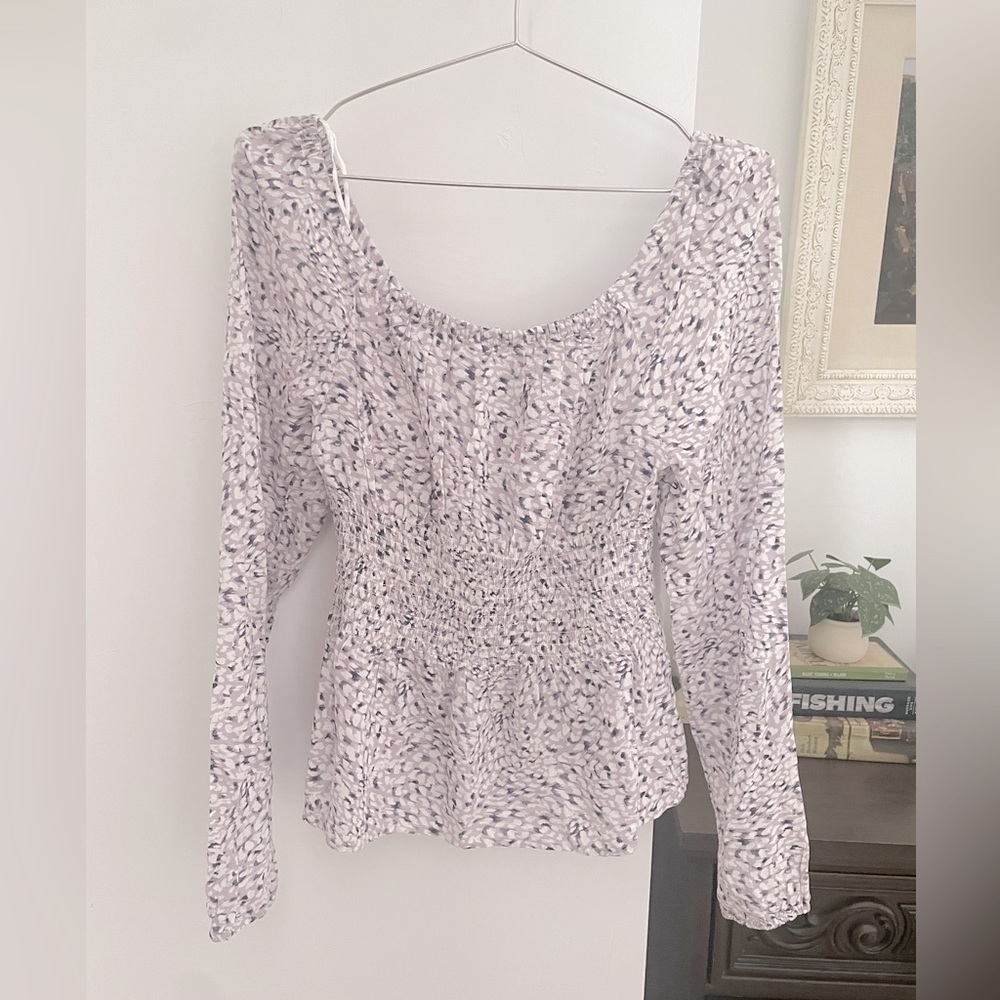 Japna purple and white long sleeve square neck ruched top flattering large